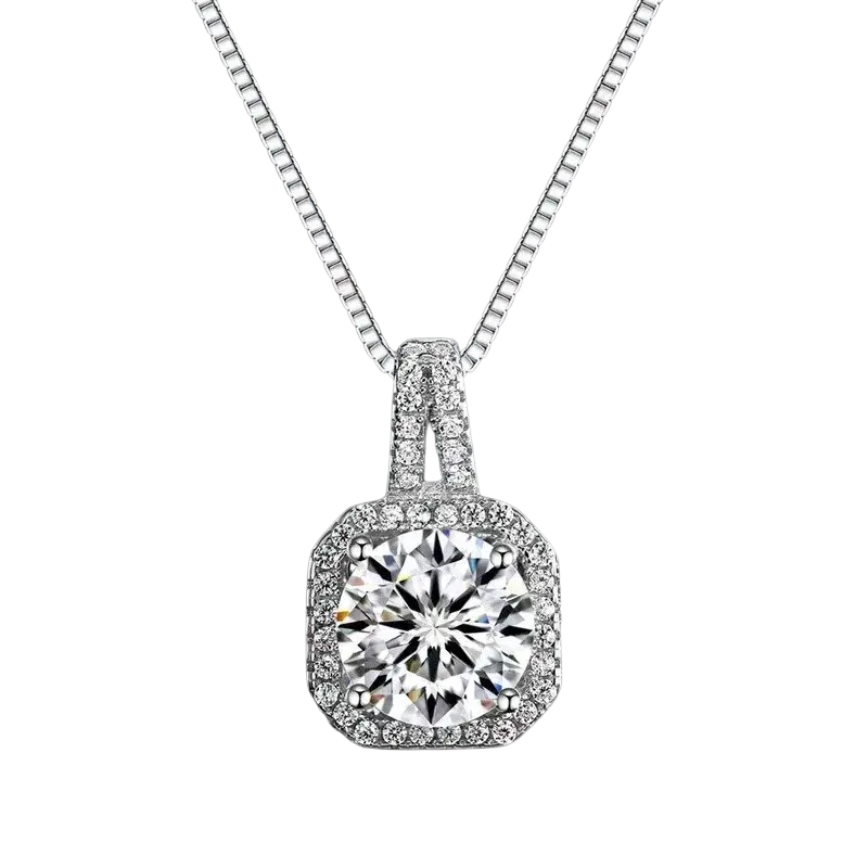 A sterling silver cubic zirconia halo pendant necklace with a central round-cut diamond in an octagonal frame