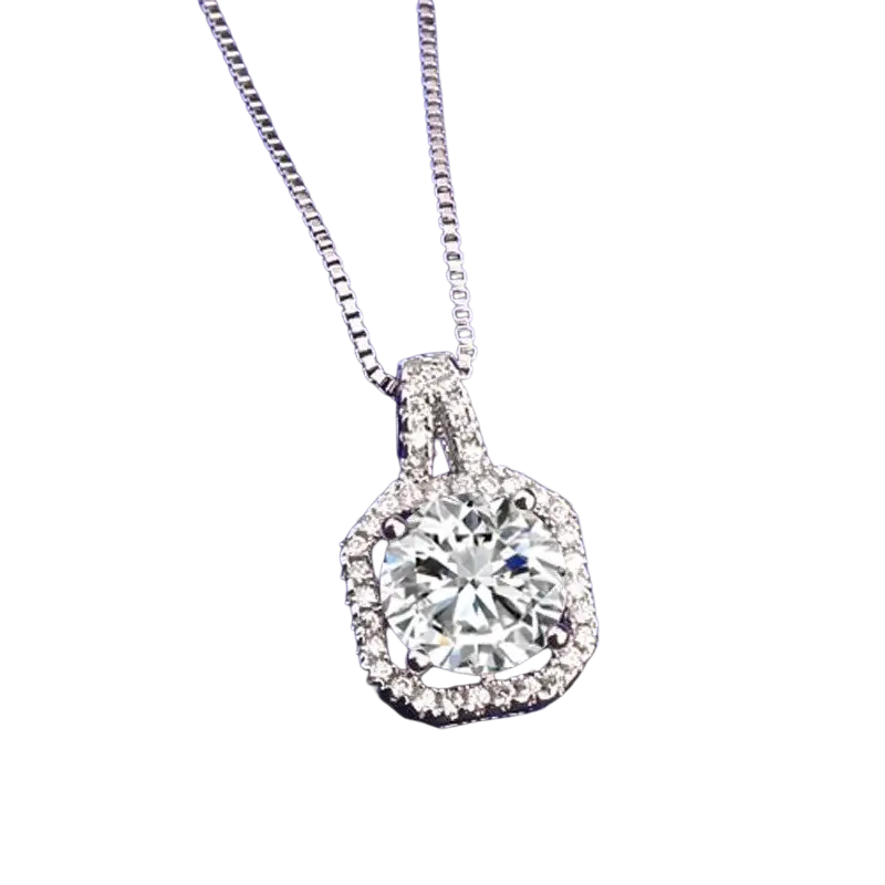 A sterling silver cubic zirconia halo pendant necklace with a central round-cut stone and elegant chain