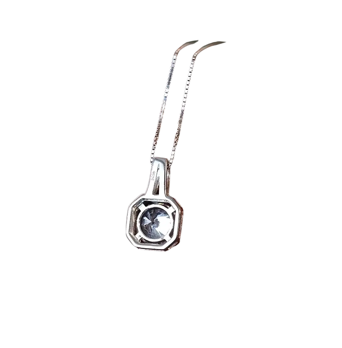 Sterling silver cubic zirconia halo pendant necklace with clear gemstone in octagonal frame on delicate chain