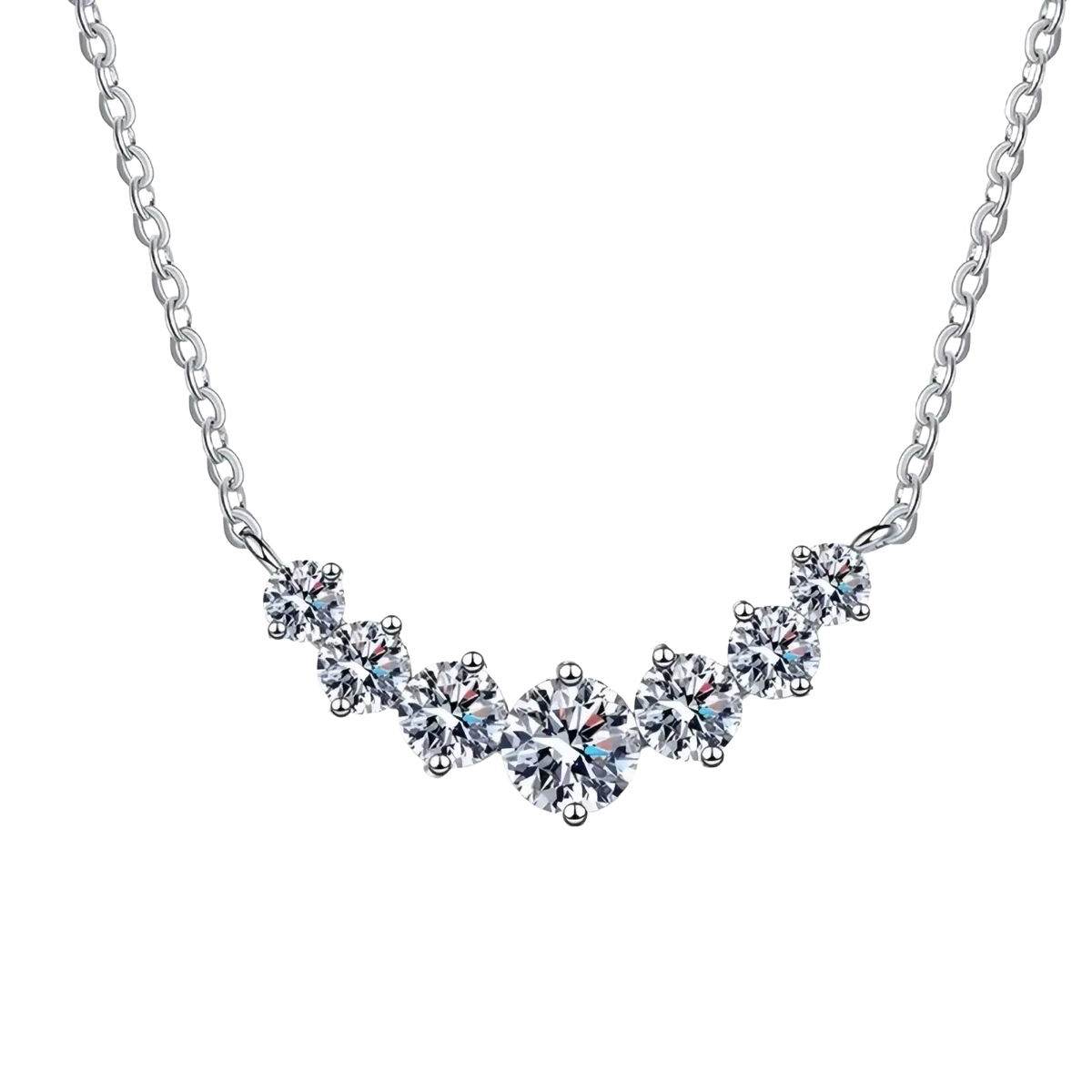 Sterling silver curved zircon pendant necklace with a row of sparkling round-cut clear stones in a delicate design