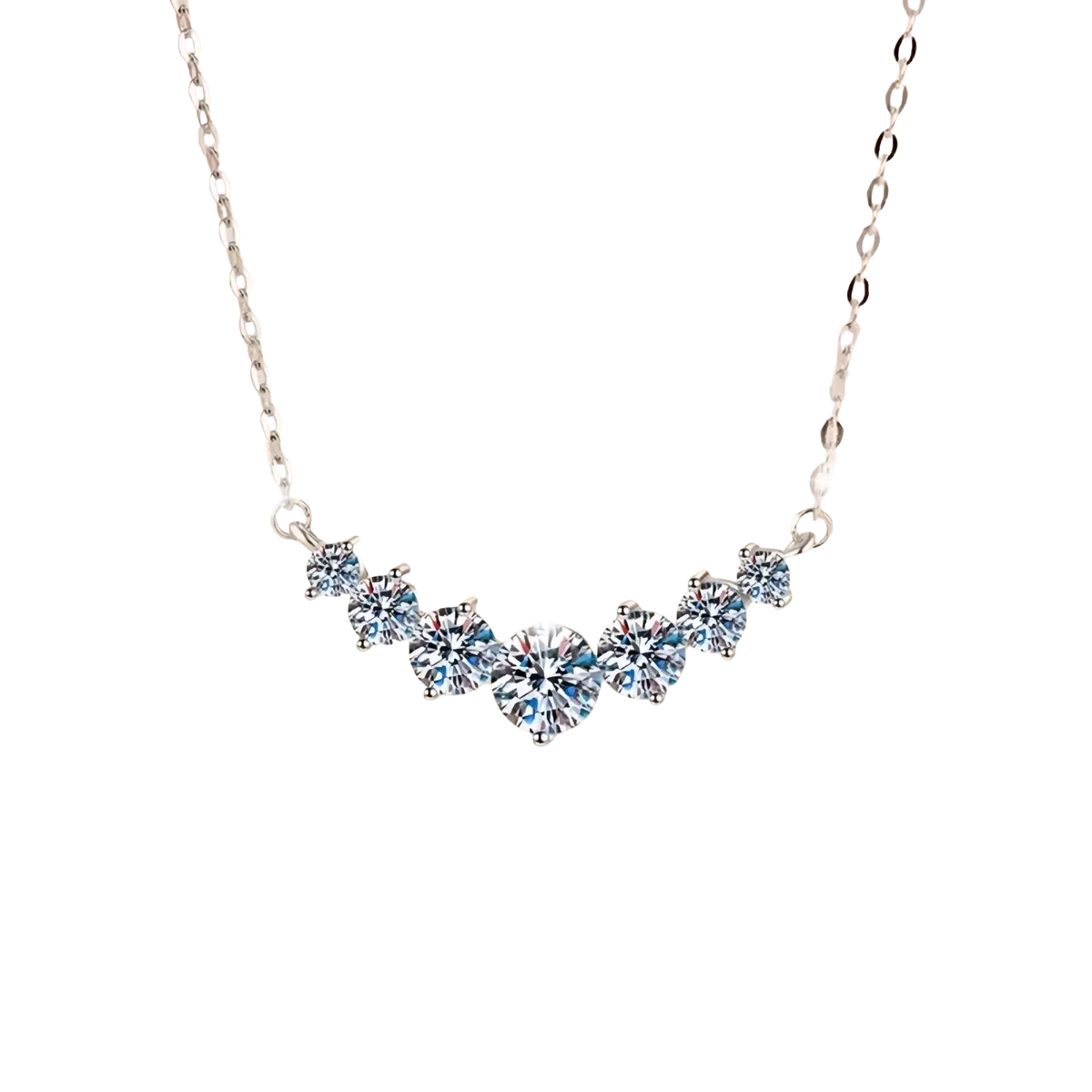 Sterling silver curved zircon pendant necklace with a delicate row of sparkling round-cut clear stones