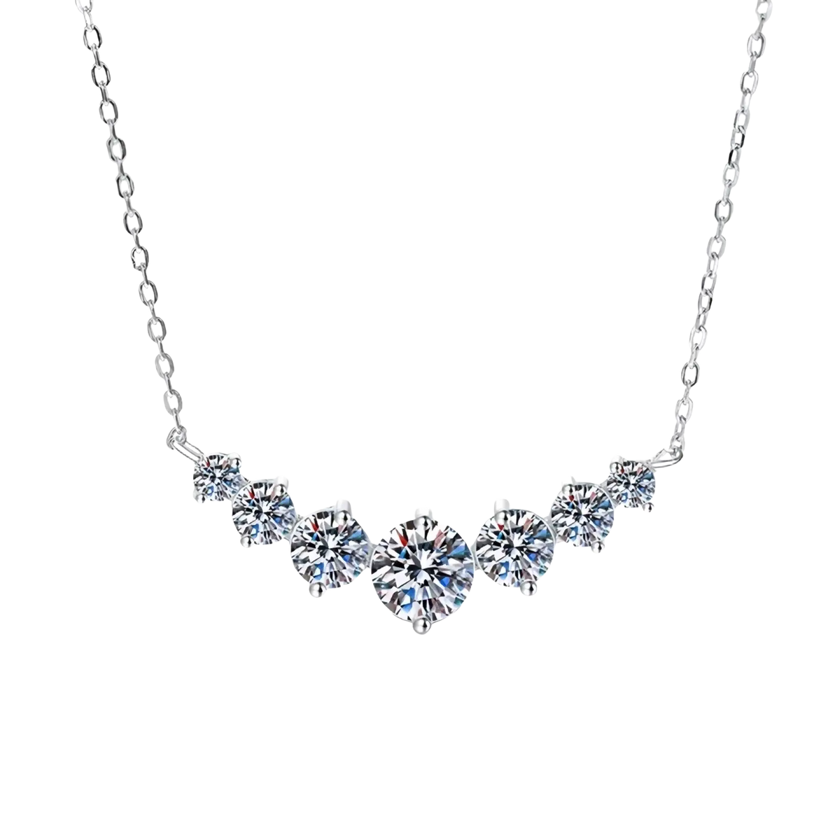 Sterling silver curved zircon pendant necklace with a delicate row of sparkling round-cut stones in s925 silver