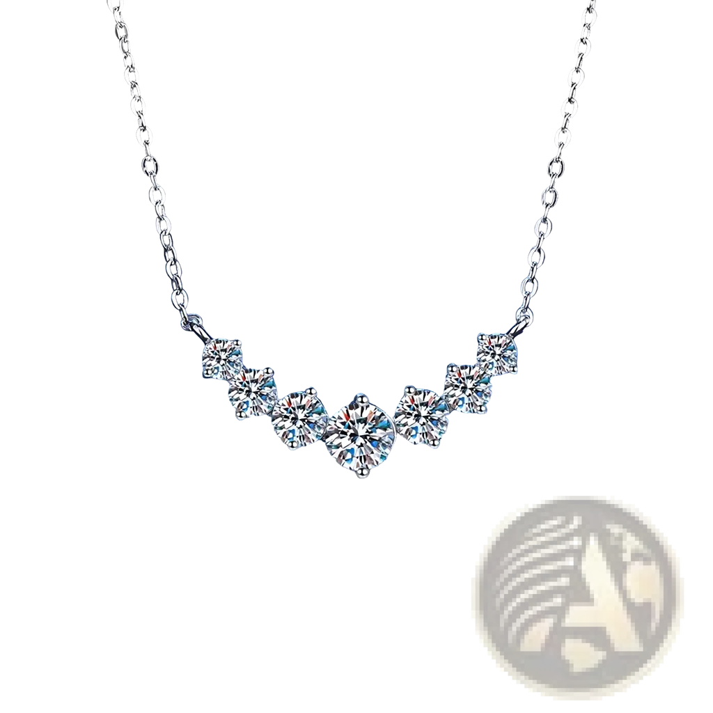 Sterling silver curved zircon pendant necklace with a delicate row of sparkling round-cut diamonds in a minimalist design