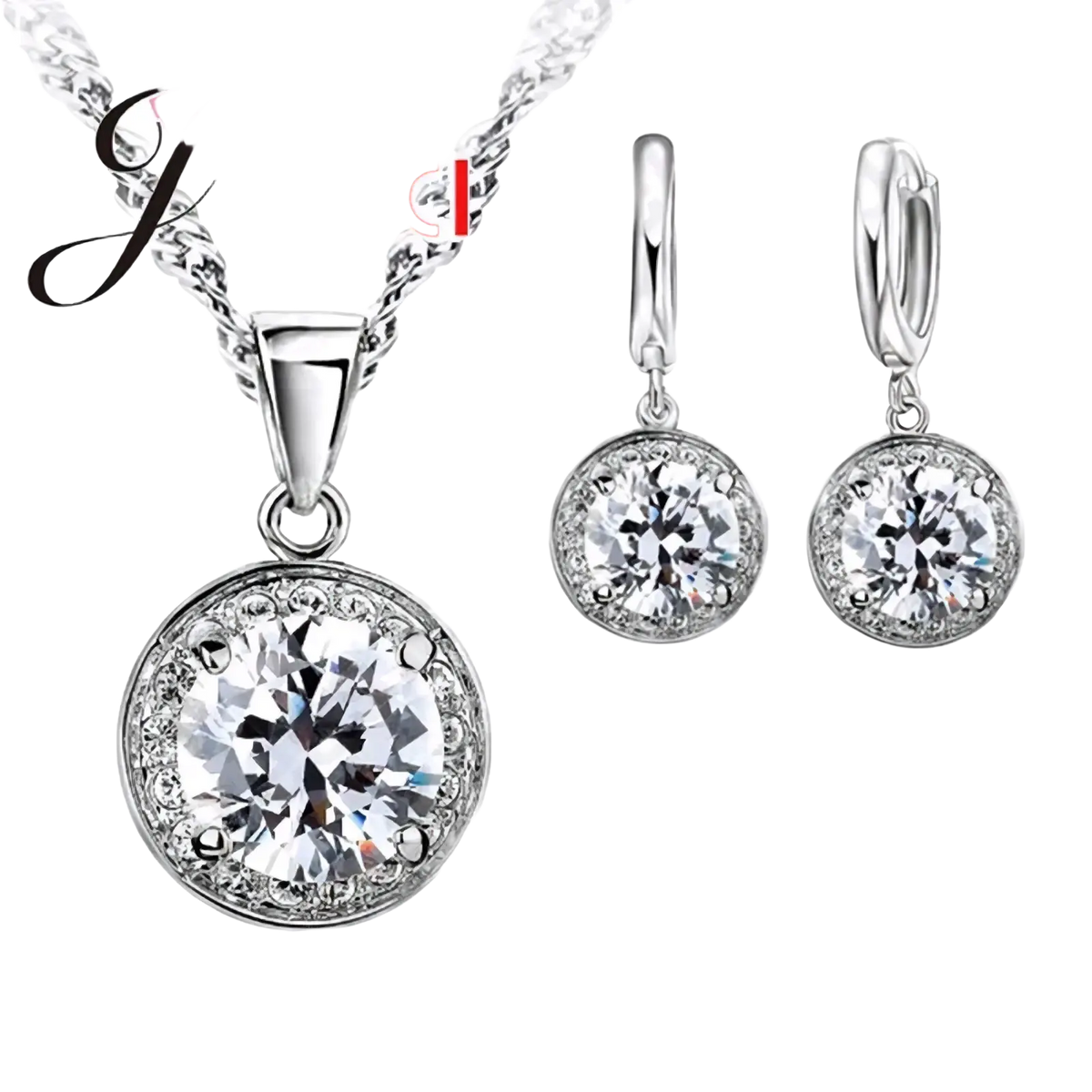 Sterling silver cz bridal jewelry set with silver-toned pendant and matching hoop earrings featuring clear gemstones