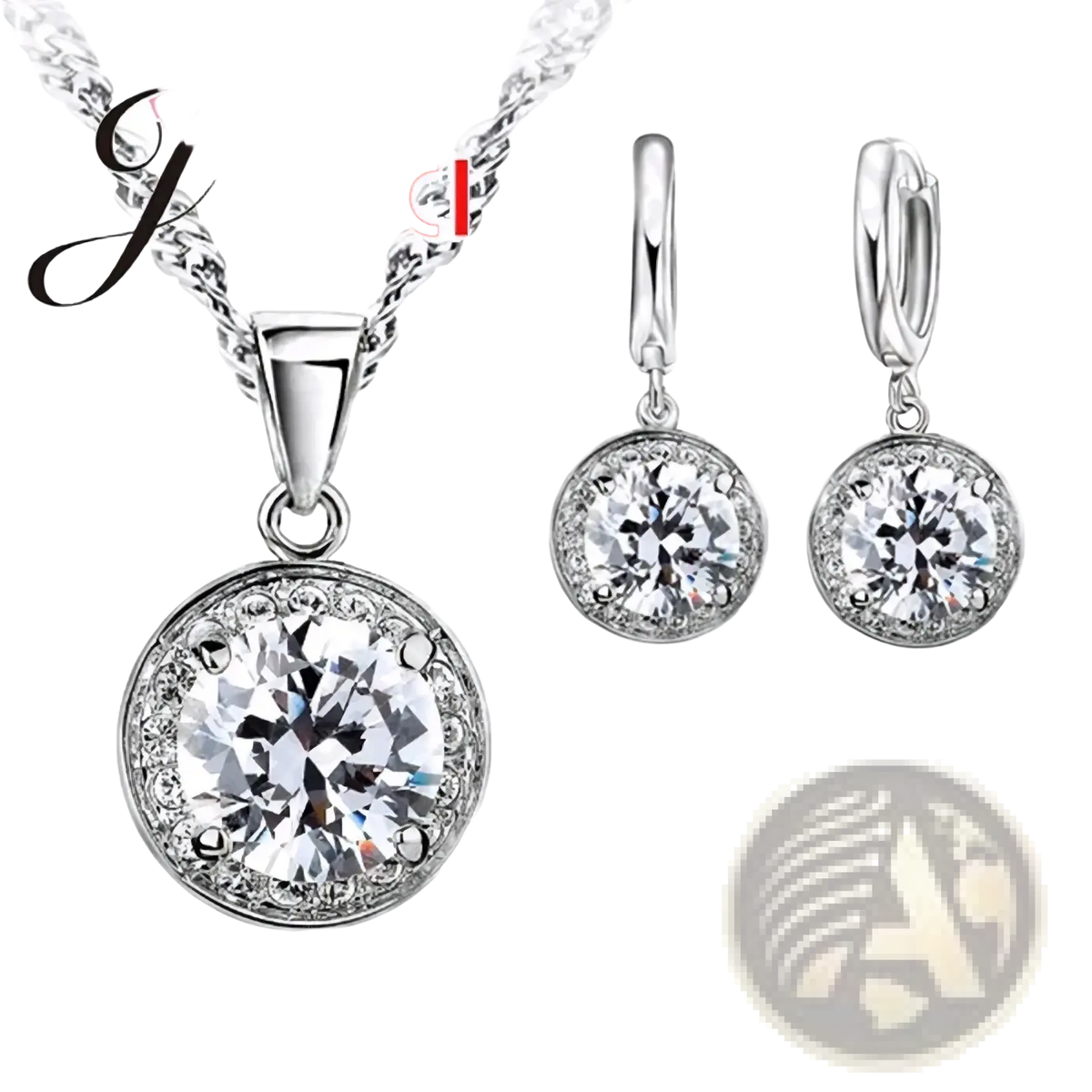 Sterling silver cz bridal jewelry set with silver-toned pendant and matching hoop earrings featuring clear gemstones