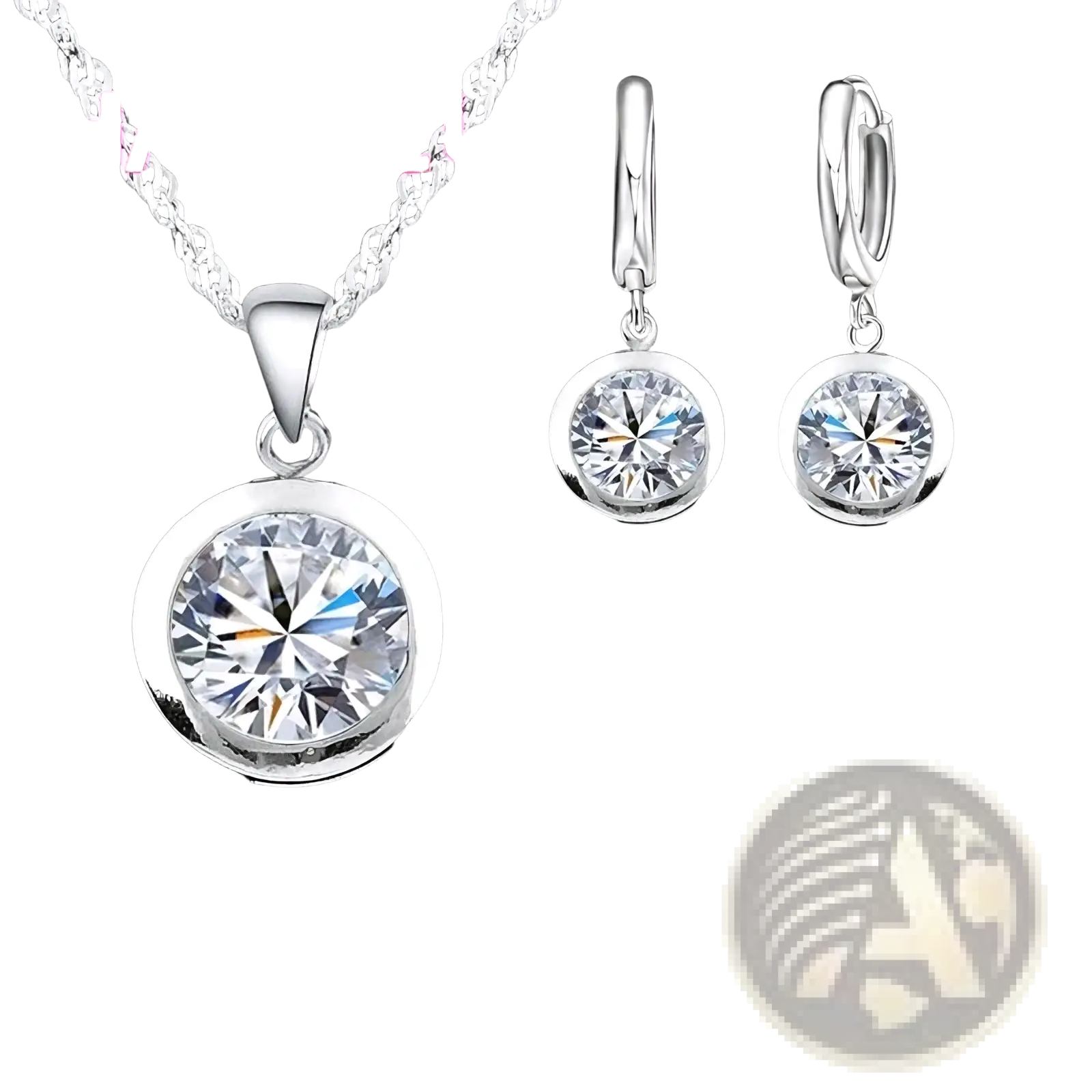 Sterling silver cz jewelry set with a silver-toned round pendant and matching hoop earrings with clear crystals