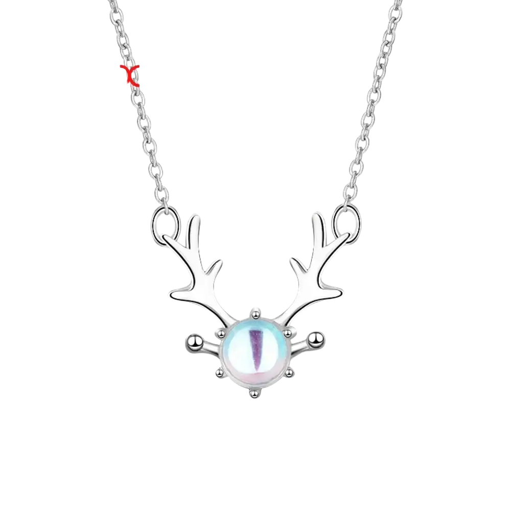 Sterling silver deer antler necklace with central iridescent moonstone pendant in elegant silver tone