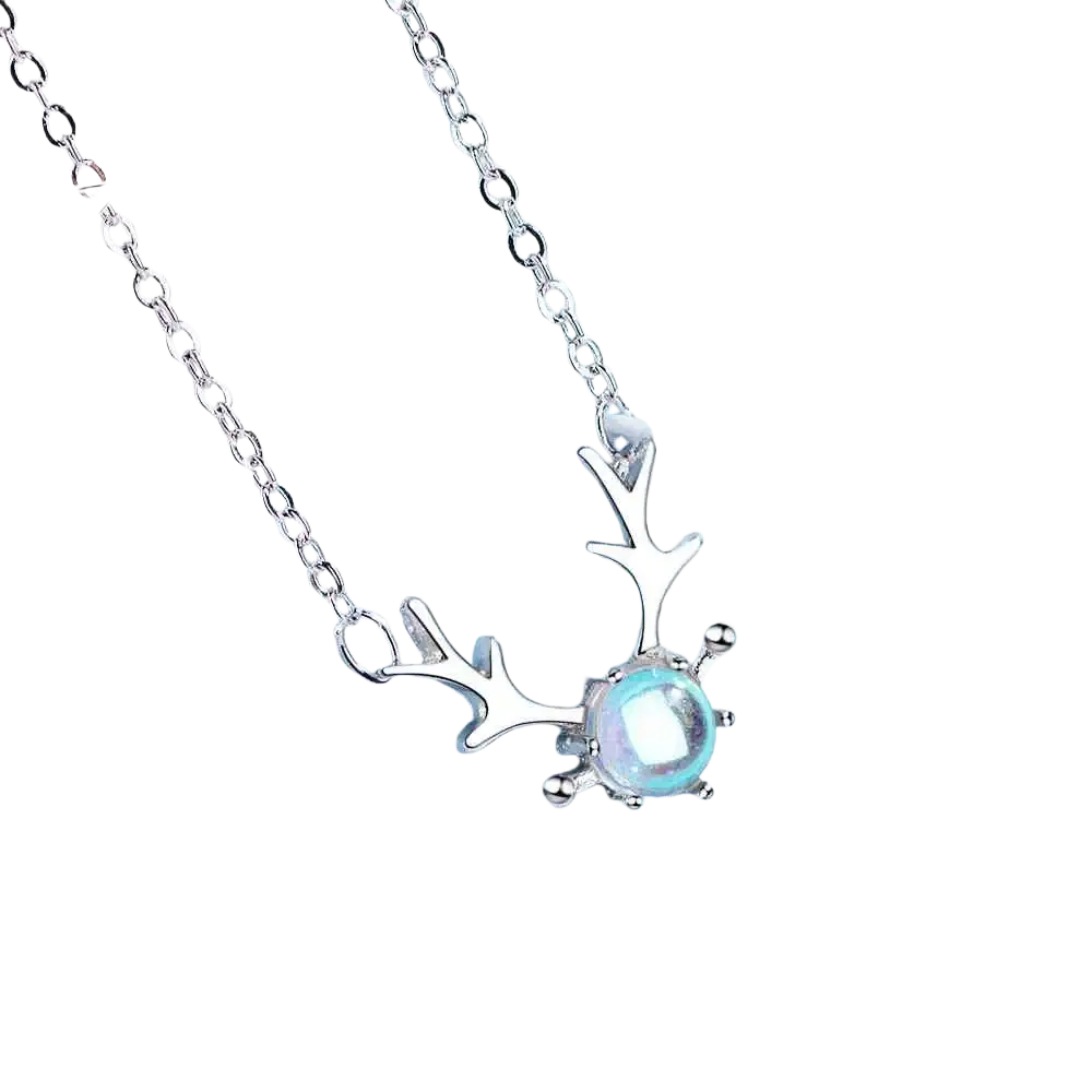 Sterling silver deer antler necklace with a central iridescent moonstone pendant for elegant wear