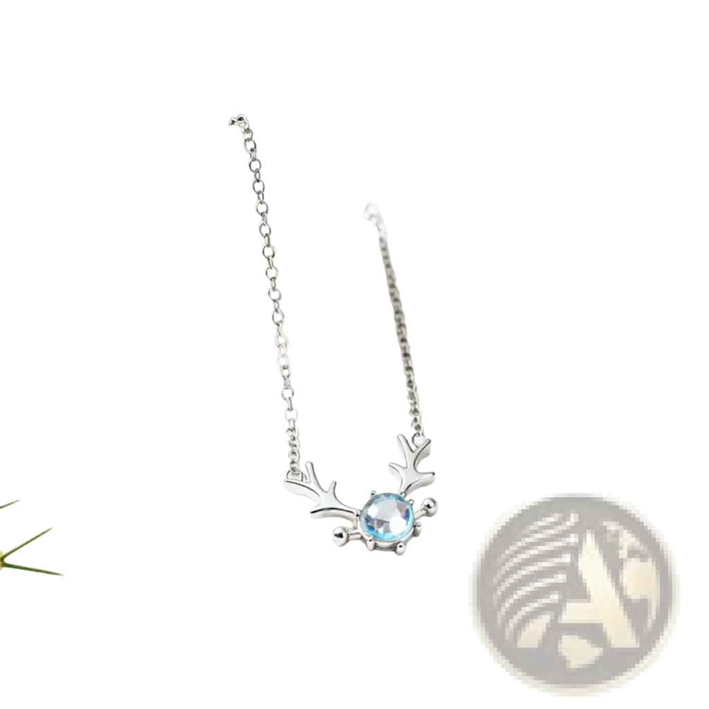 Sterling silver deer antler necklace featuring a central light blue moonstone gemstone