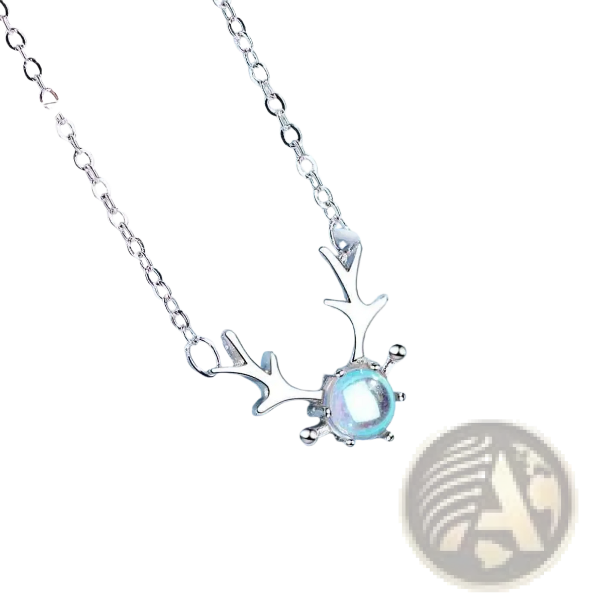 Sterling silver deer antler necklace with a central iridescent moonstone pendant for elegant wear