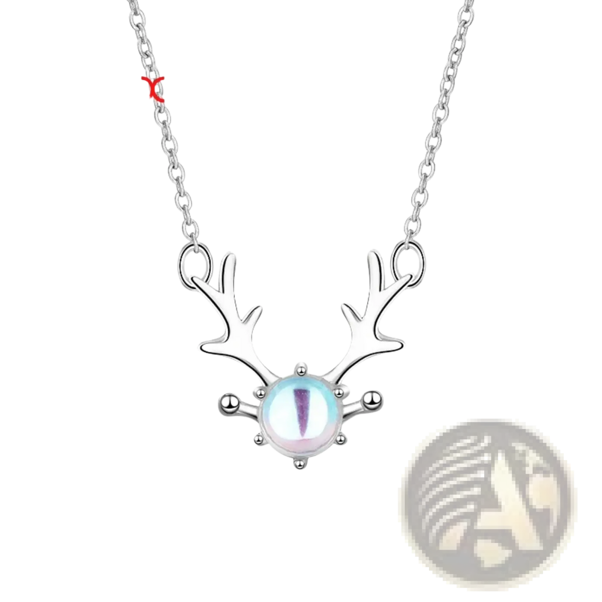 Sterling silver deer antler necklace with central iridescent moonstone pendant in elegant silver tone
