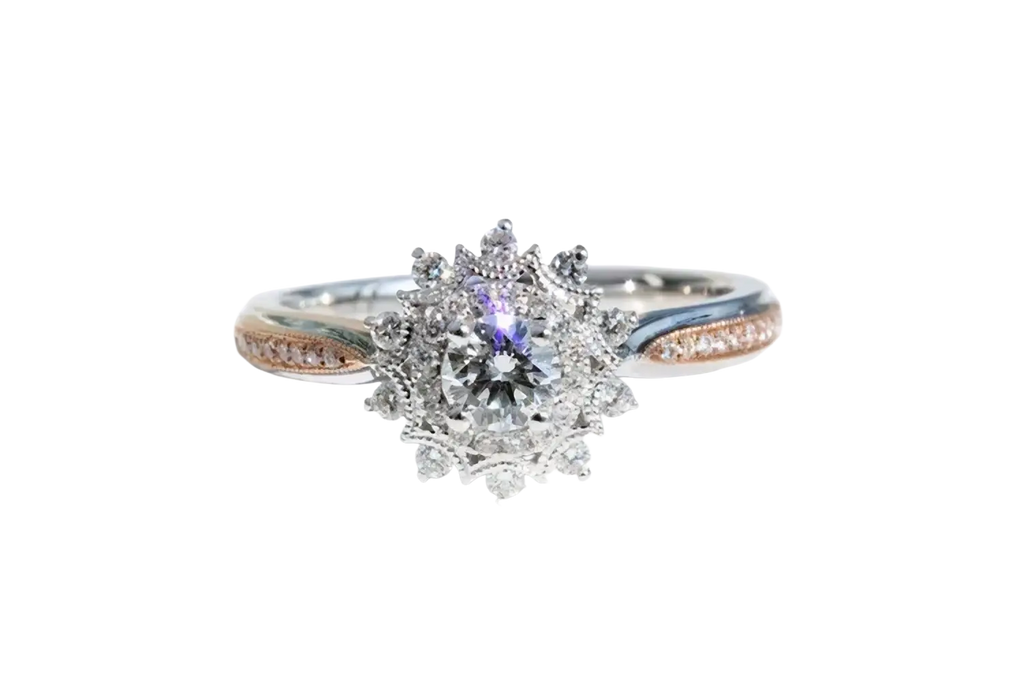 Sterling silver engagement wedding ring for women with a two-tone round-cut diamond and rose gold pavé accents
