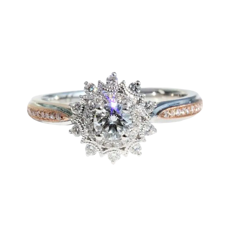 Sterling silver engagement wedding ring for women with two-tone rose and white gold bands and floral pavé detailing