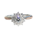 Sterling silver engagement wedding ring for women with two-tone rose and white gold bands and floral pavé detailing