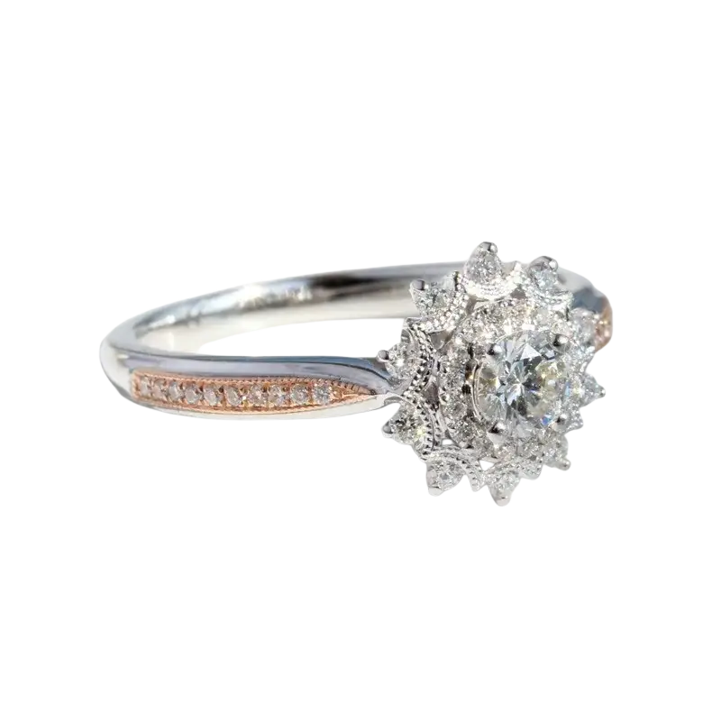 Sterling silver two-tone engagement wedding ring with round-cut diamond and rose gold floral-inspired accents for women
