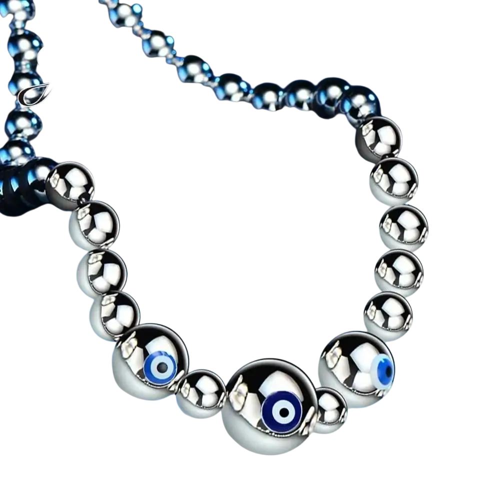Sterling silver evil eye charm bracelet for women with polished silver beads and central blue evil eye design