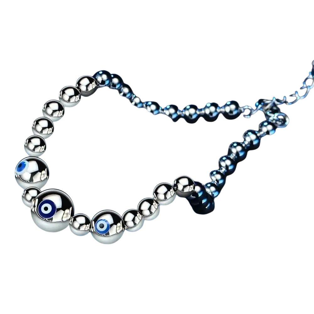 Sterling silver beaded anklet with polished spheres and three blue evil eye charms for women