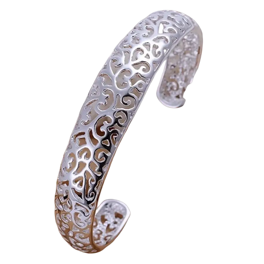 Sterling silver filigree cuff bracelet in silver with an intricate open design for elegant wristwear