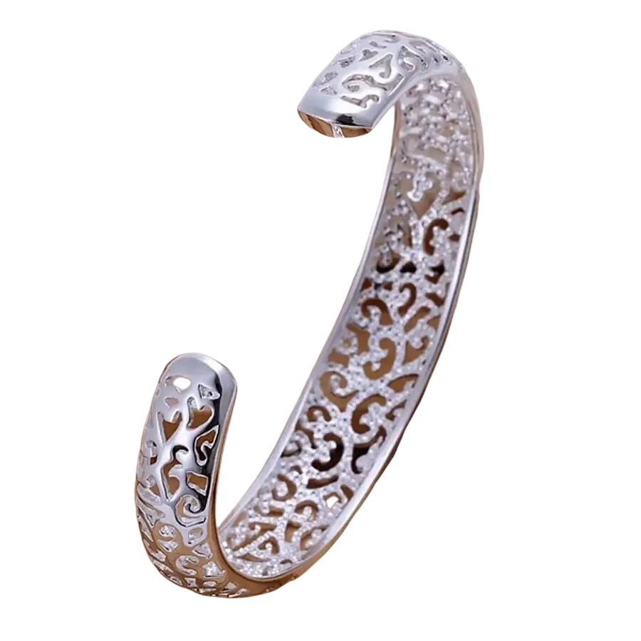 Sterling silver filigree cuff bracelet with open-ended design and clear crystal embellishments in silver tone