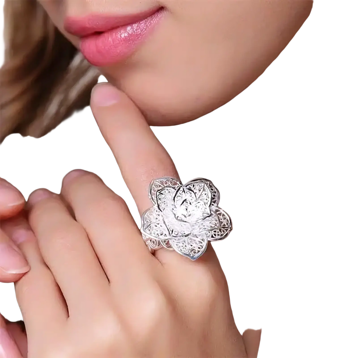 Sterling silver flower ring with delicate lace-like filigree and a central clear gemstone from jewelry set