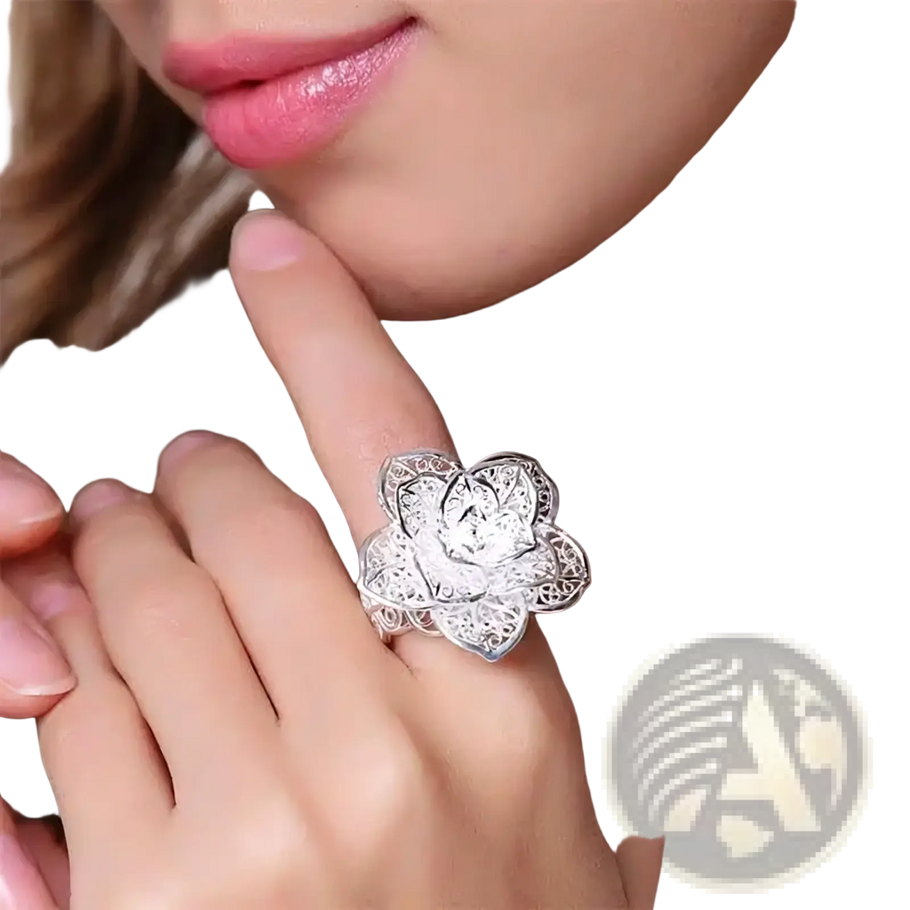 Sterling silver flower ring with delicate lace-like filigree and a central clear gemstone from jewelry set