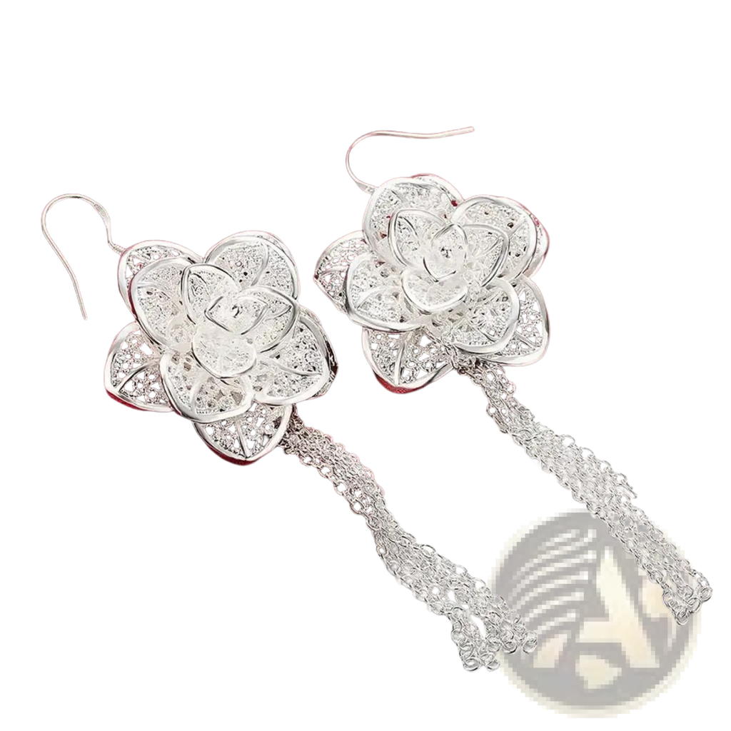 Elegant sterling silver flower earrings featuring intricate filigree design with delicate chain tassels