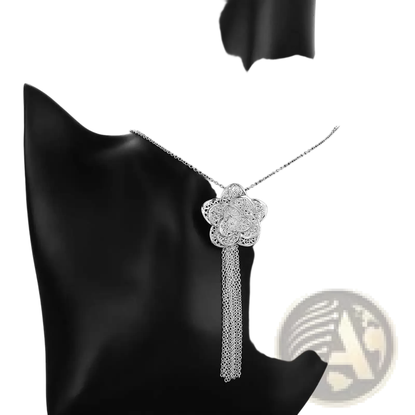 Sterling silver flower pendant necklace with delicate chain and dangling tassel in a silver filigree jewelry set
