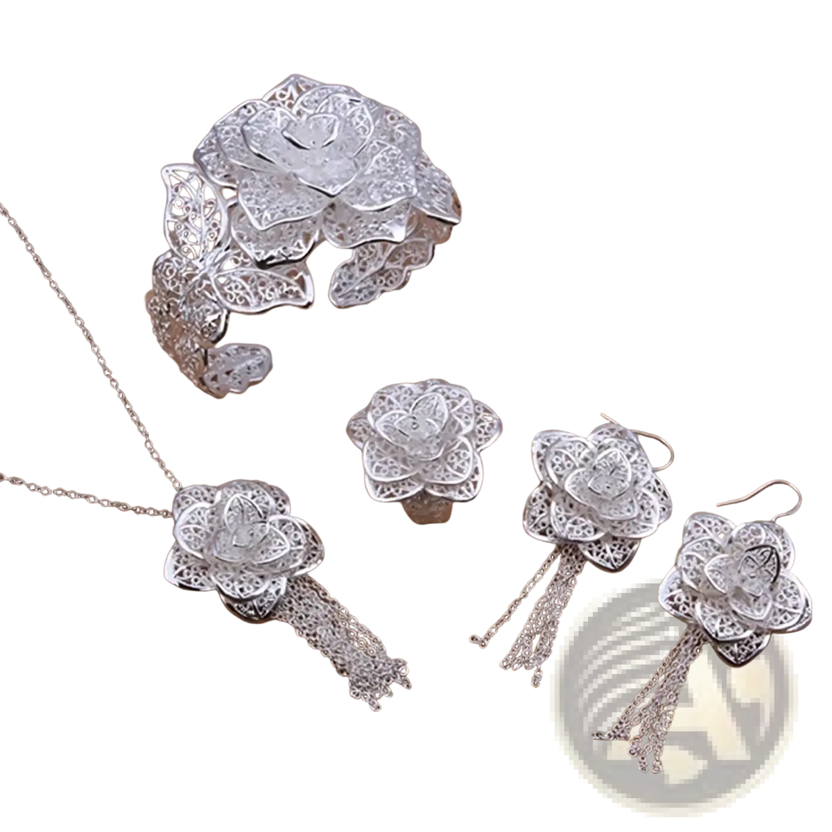 Sterling silver flower jewelry set featuring silver filigree rose design with intricate lace detailing and chain tassels