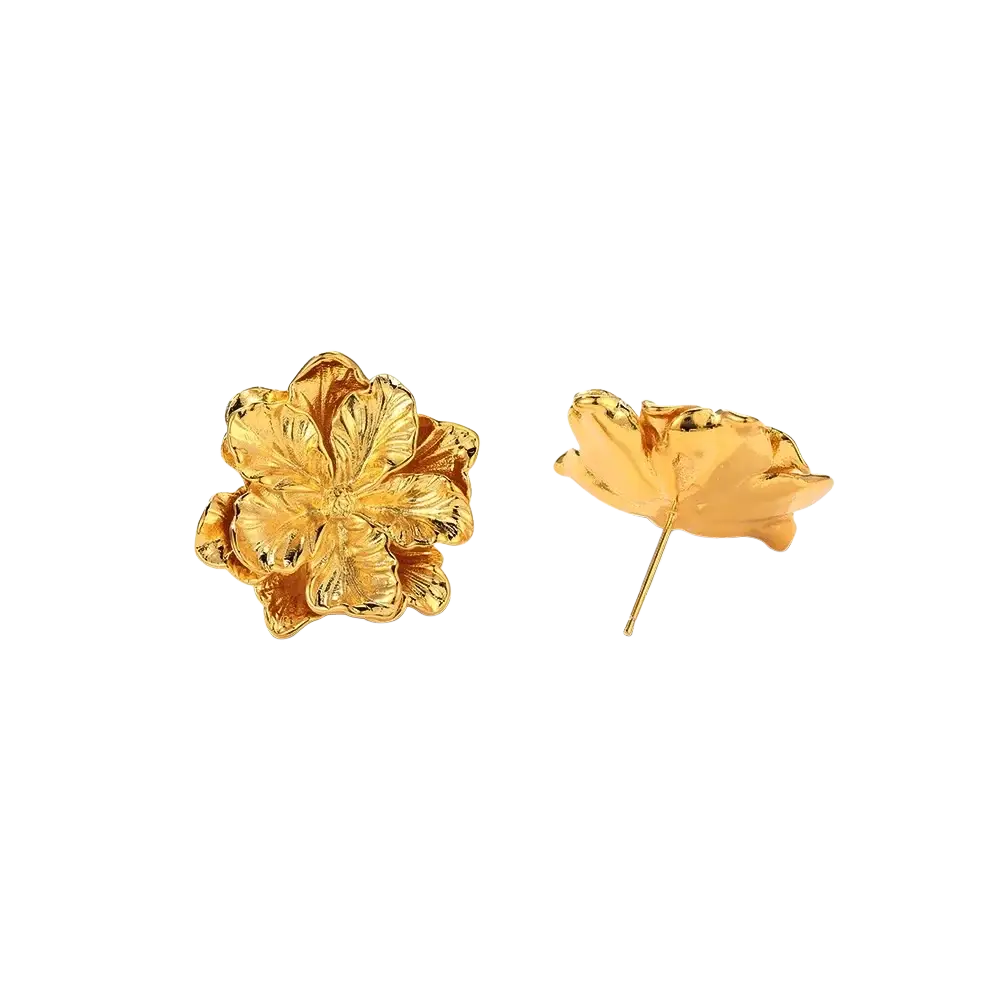 Sterling silver flower stud earrings in gold with intricate petal detailing and polished metallic finish