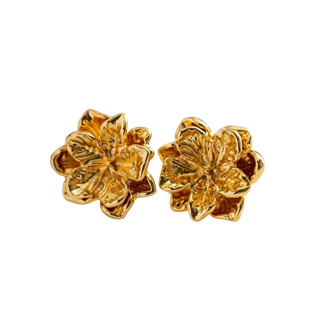 Sterling silver flower stud earrings in gold with intricate petal detailing for elegant everyday wear