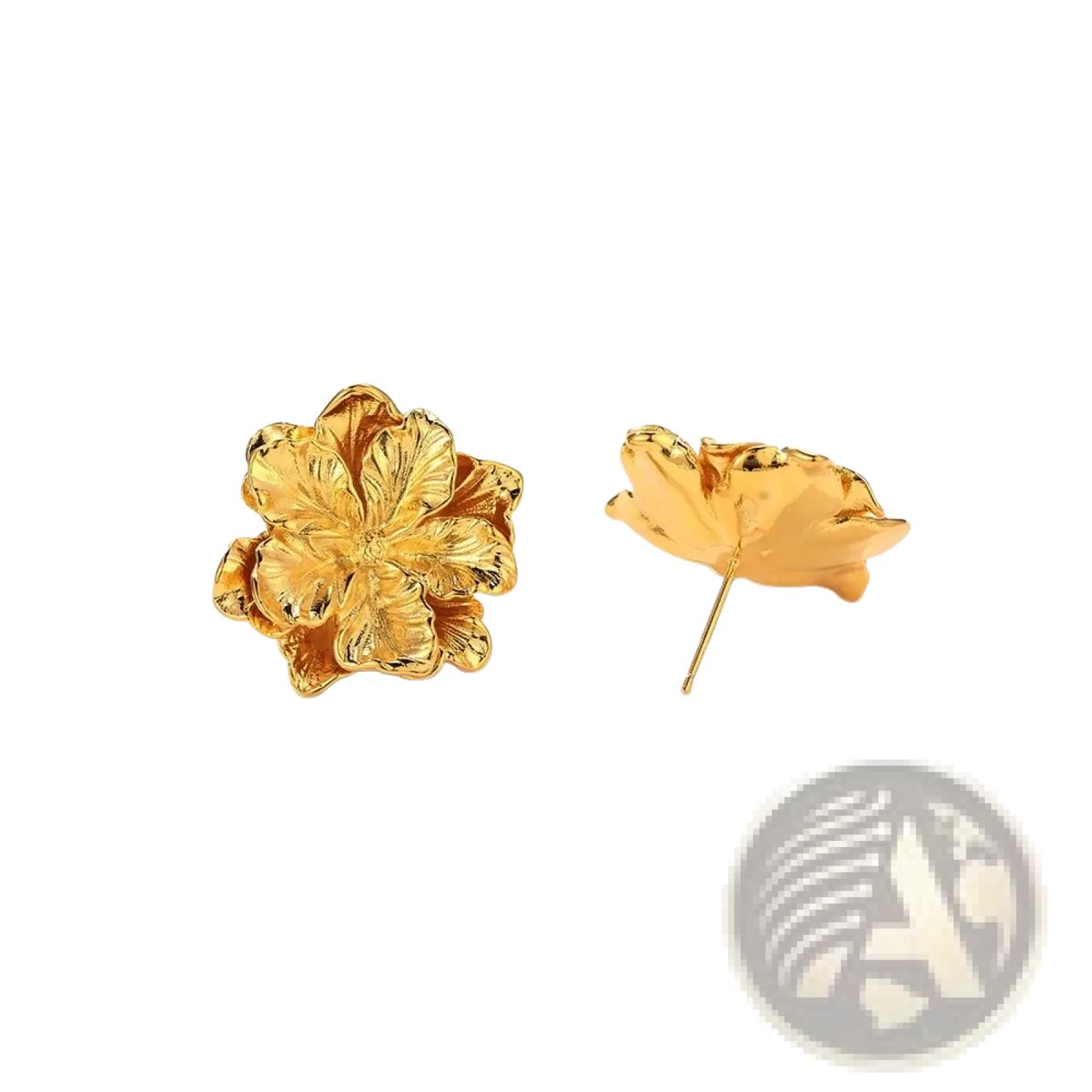 Sterling silver flower stud earrings in gold with intricate petal detailing and polished metallic finish