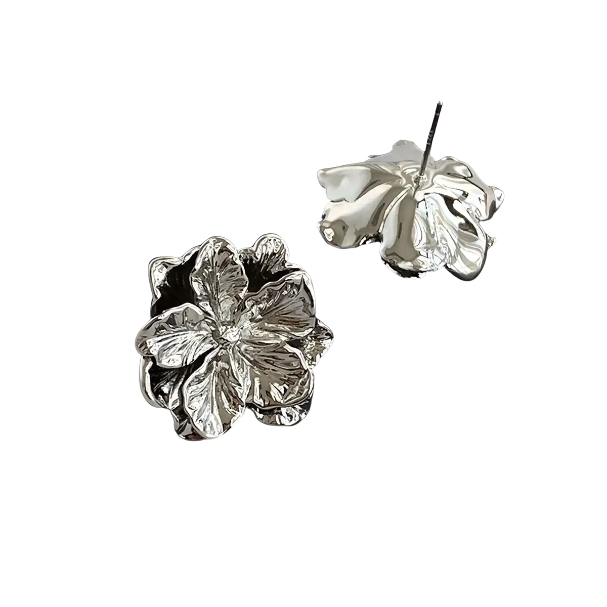 Sterling silver flower stud earrings in silver with an intricately designed metallic finish