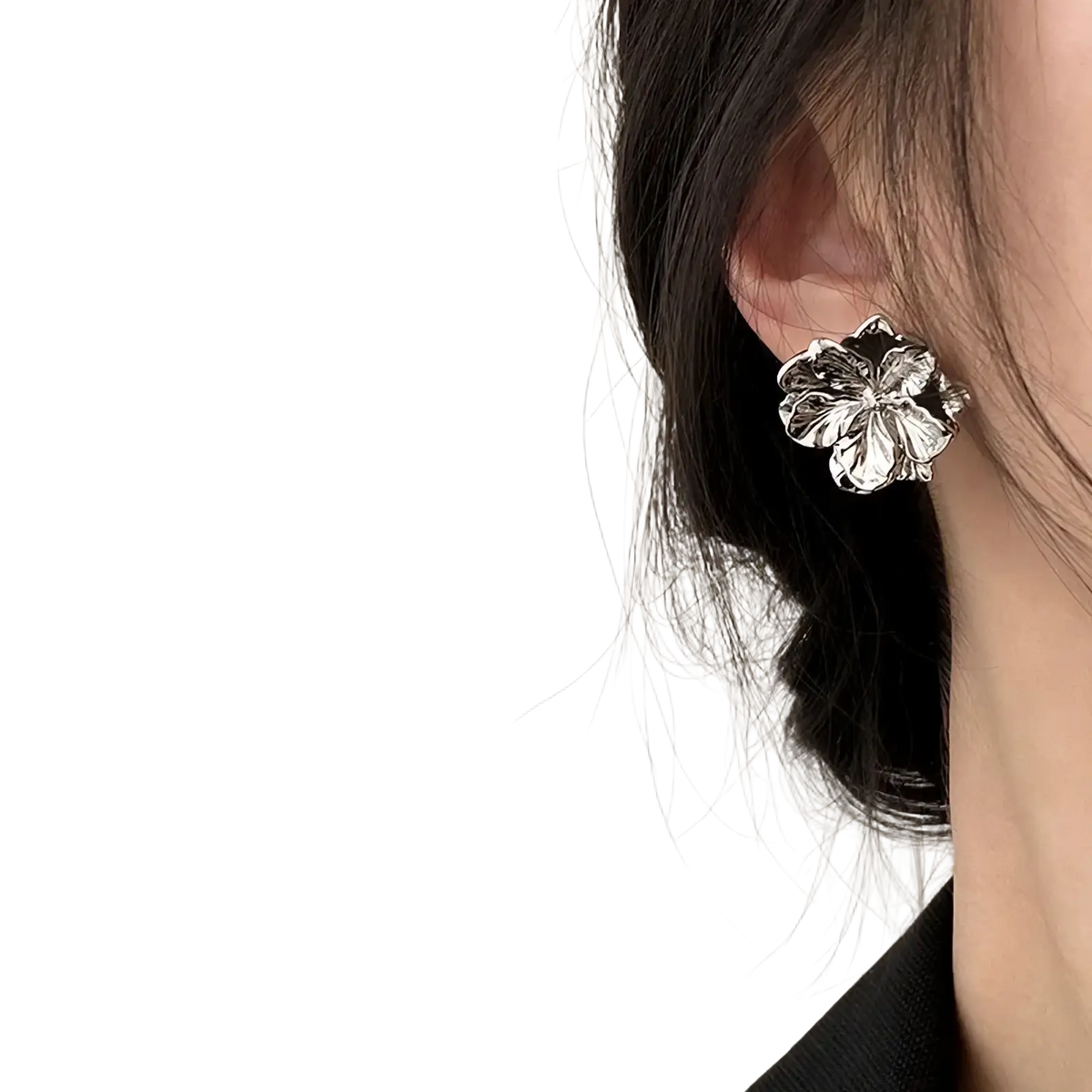Sterling silver flower stud earring in silver with detailed petal design perfect for elegant everyday wear
