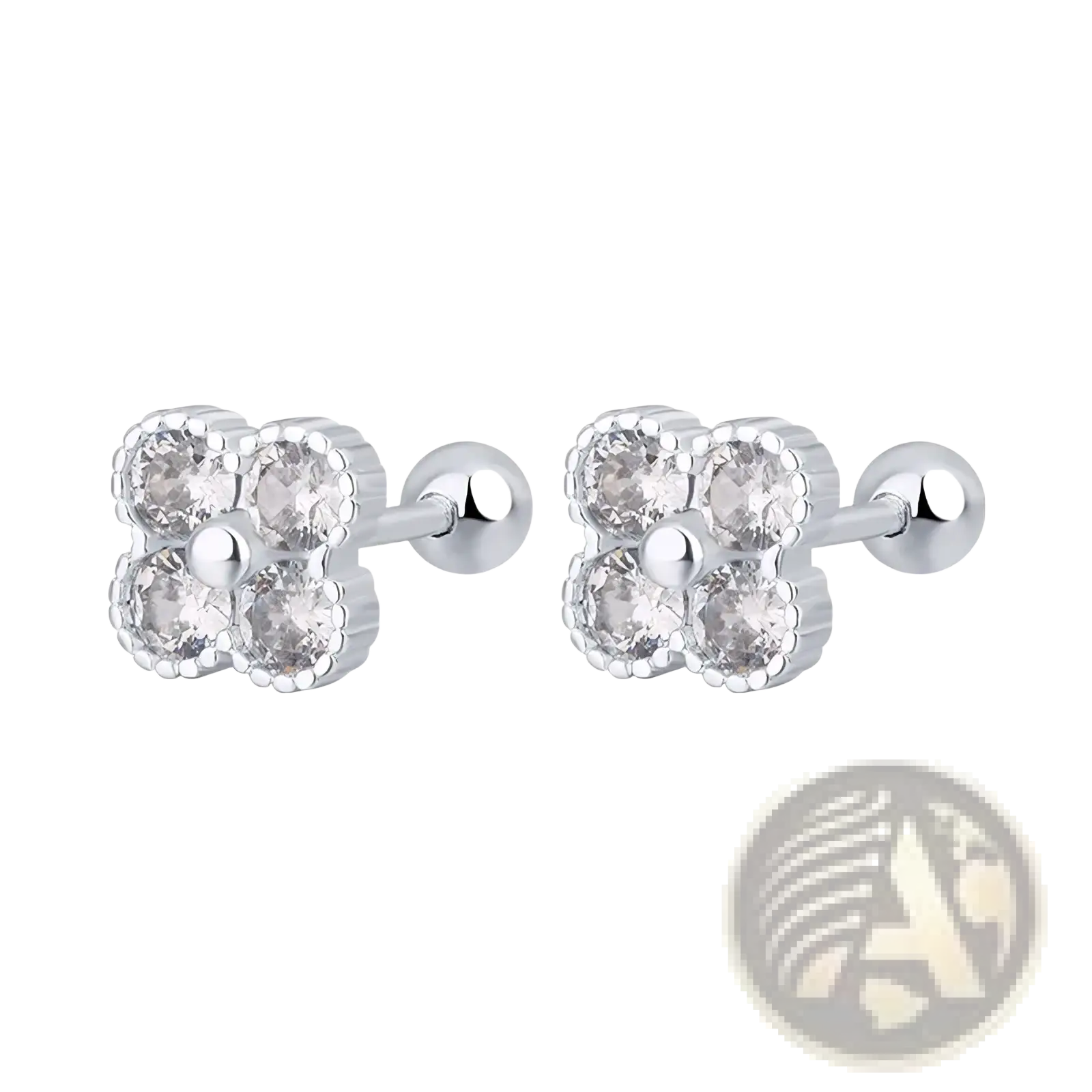 Sterling silver four leaf clover stud earrings with clear cubic zirconia stones in a polished metal frame