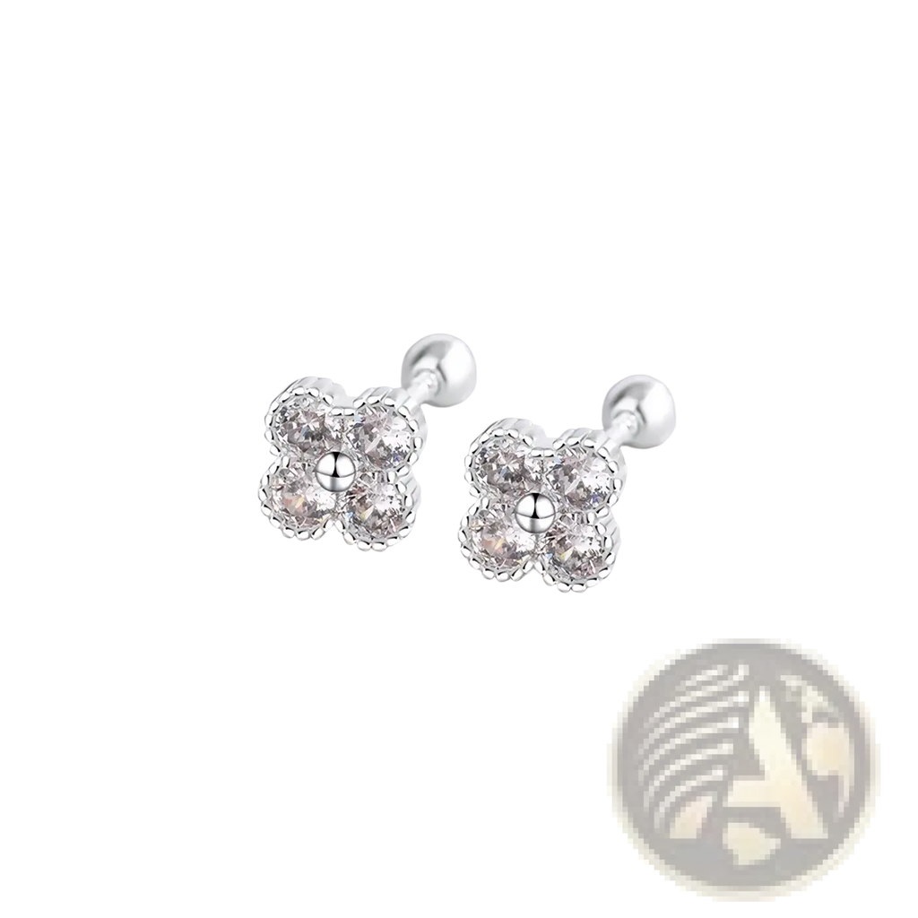 Sterling silver four stone flower stud earrings with clear crystal accents and a polished metallic finish