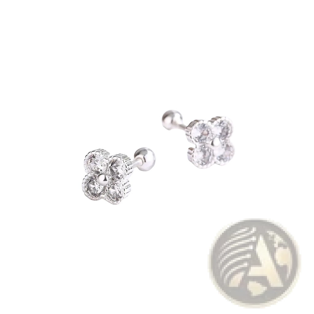 Sterling silver four stone flower stud earrings with clear cubic zirconia and polished metallic finish