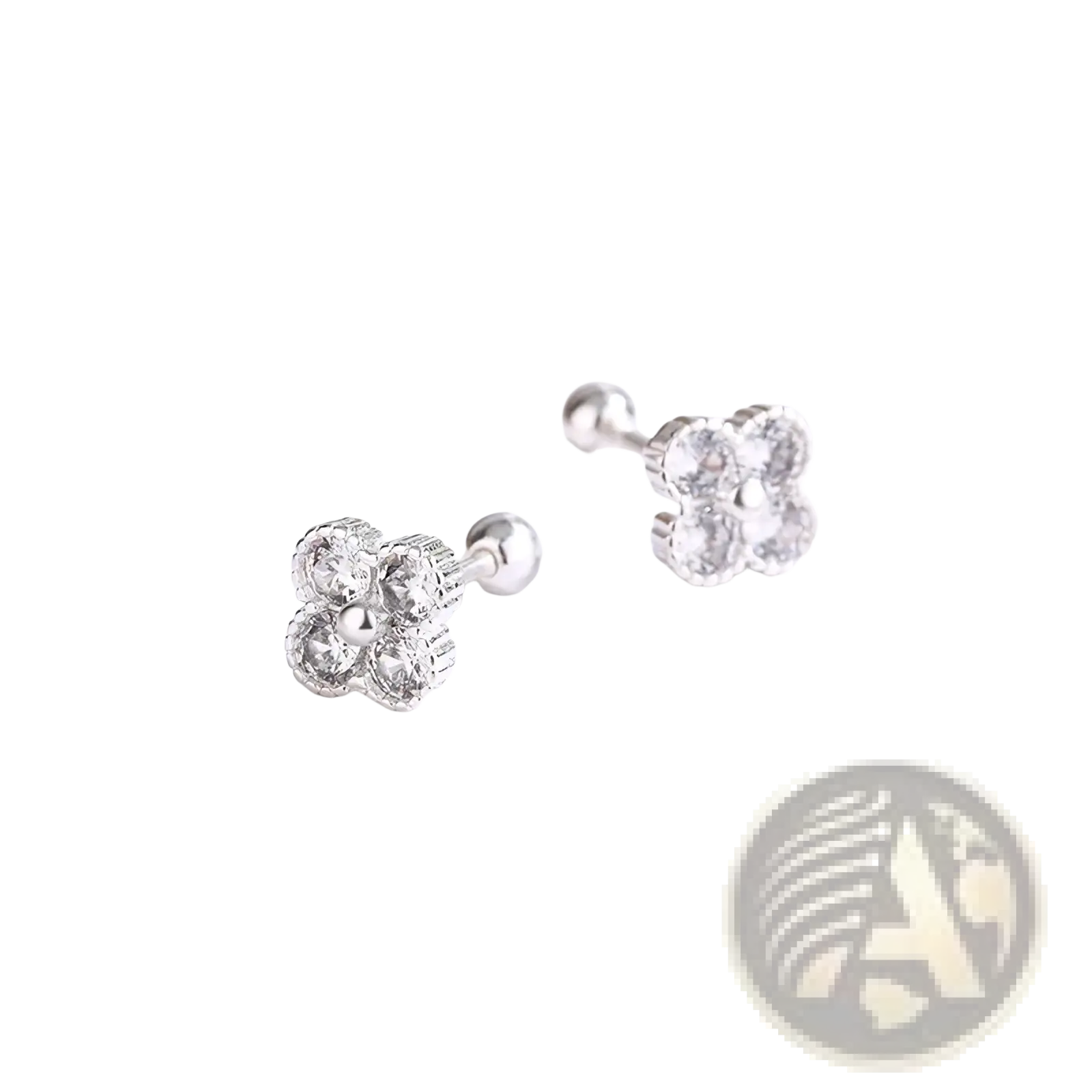 Sterling silver four stone flower stud earrings with clear cubic zirconia and polished metallic finish