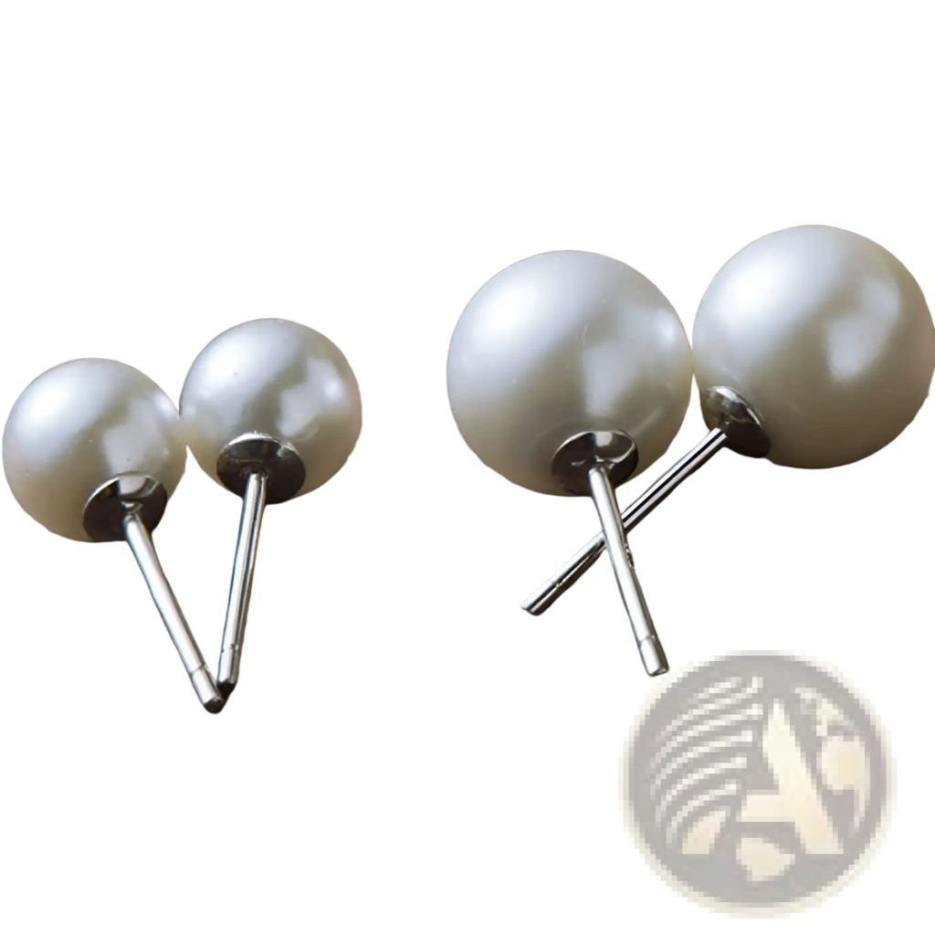 Sterling silver freshwater pearl stud earrings in 6mm and 8mm with lustrous white iridescent pearls on silver posts