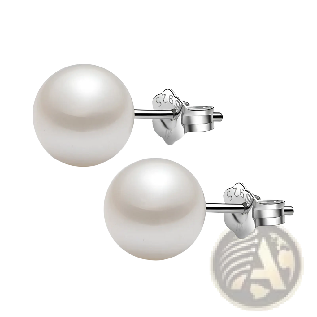Sterling silver freshwater pearl stud earrings with white pearls and butterfly backings for secure wear