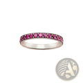 Sterling silver stacked ring featuring a delicate band adorned with a continuous row of vibrant pink gemstones