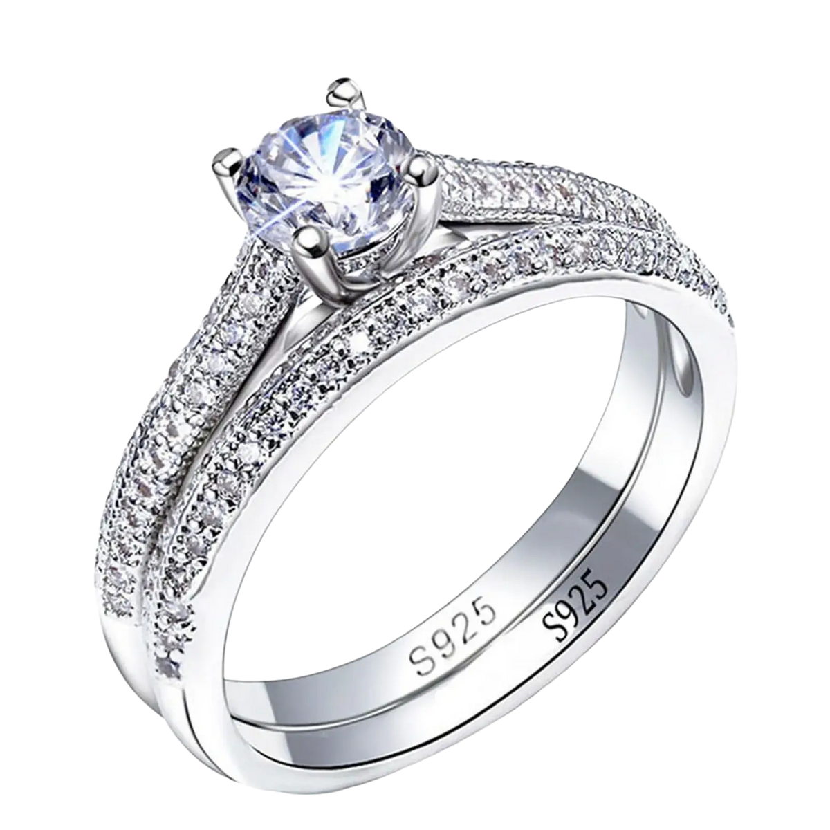 Sterling silver halo wedding ring set with a sparkling round-cut diamond and intricate diamond-paved band marked s925