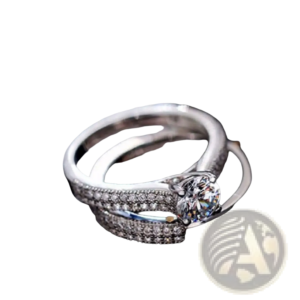 Sterling silver halo wedding ring set featuring a sparkling silver engagement ring with a round-cut diamond center and diamond accents