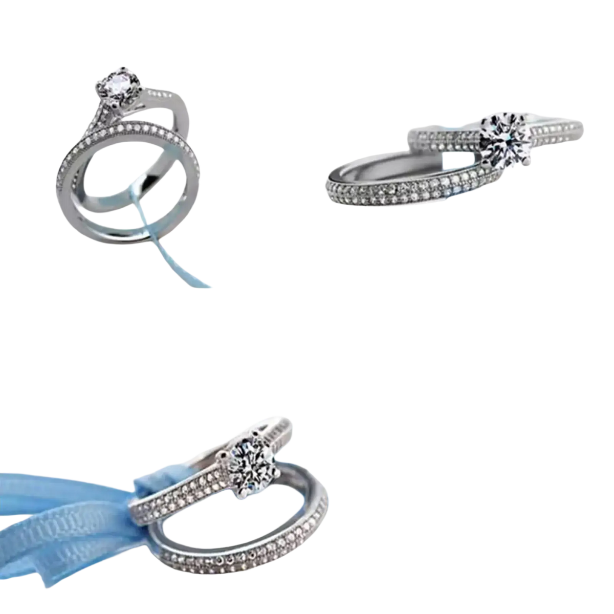 A sterling silver halo wedding ring set with silver-toned engagement and wedding rings featuring round central diamonds