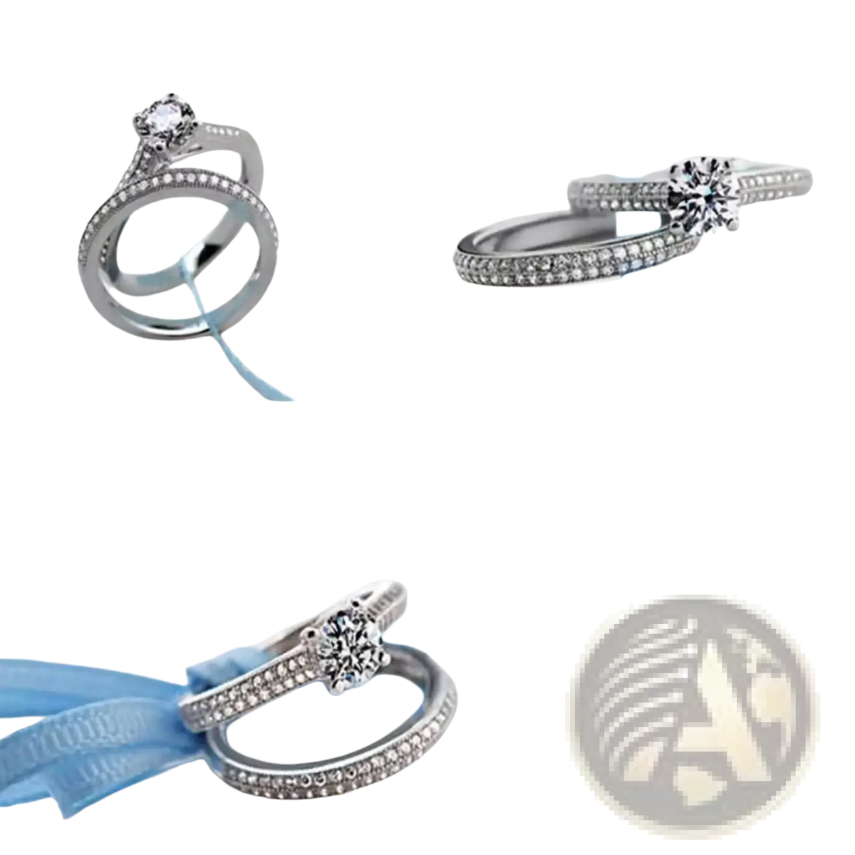 A sterling silver halo wedding ring set with silver-toned engagement and wedding rings featuring round central diamonds
