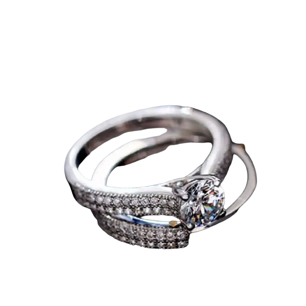 Sterling silver silver halo wedding ring set with a sleek band and round-cut diamond center surrounded by smaller diamonds