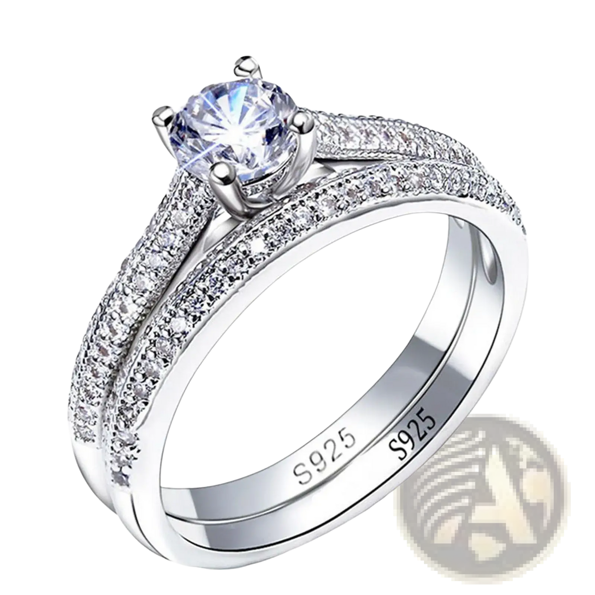 Sterling silver halo wedding ring set with a sparkling round-cut diamond and intricate diamond-paved band marked s925