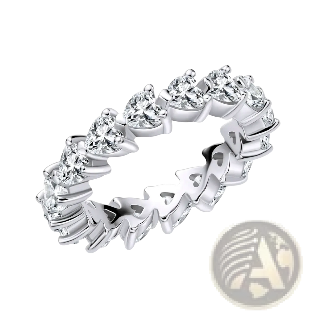 Anziw sterling silver heart eternity ring with a continuous row of heart-shaped clear gemstones in an intricate design