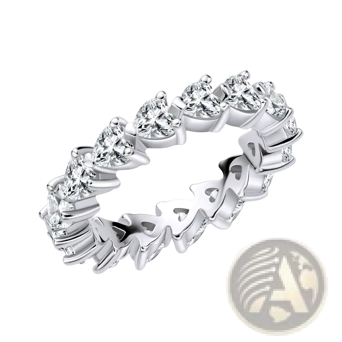 Anziw sterling silver heart eternity ring with a continuous row of heart-shaped clear gemstones in an intricate design