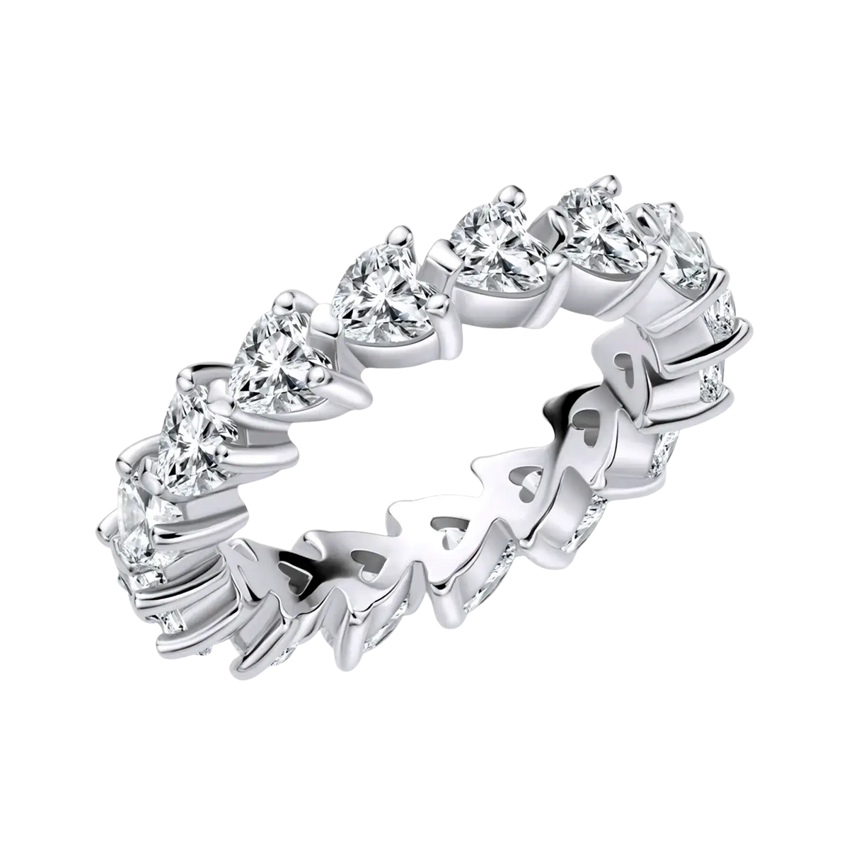 Anziw sterling silver heart eternity ring with a continuous row of heart-shaped clear gemstones in an intricate design