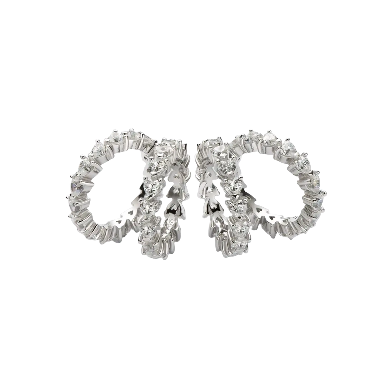A pair of sterling silver heart eternity rings with continuous clear cubic zirconia stones in textured design
